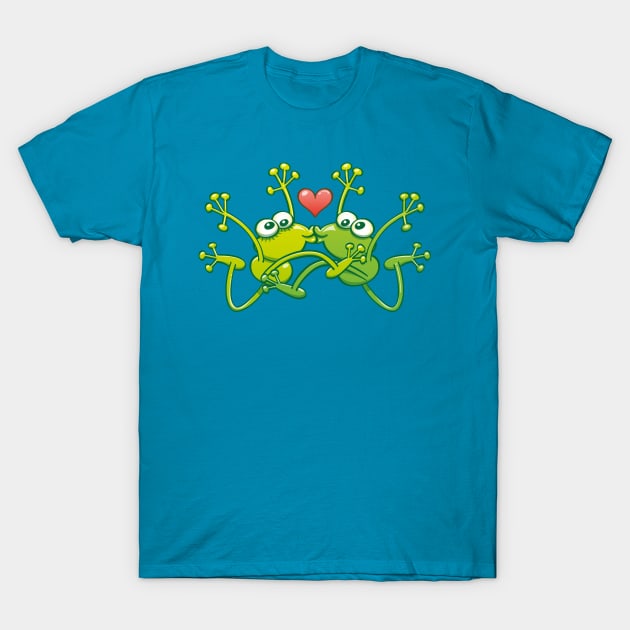 Funny green frogs falling in love while performing an acrobatic kiss T-Shirt by zooco